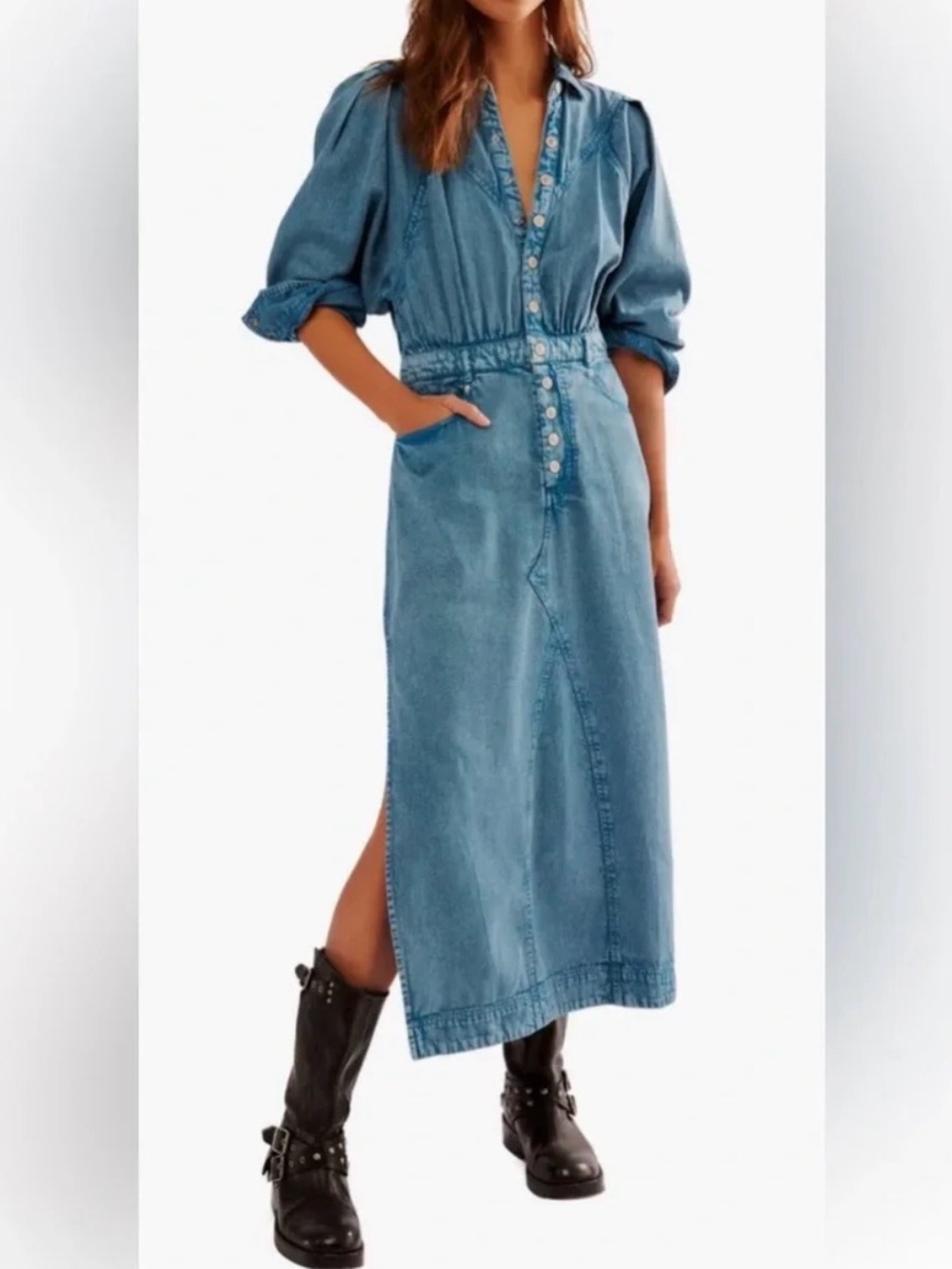 FREE PEOPLE Mad Love Light Blue Denim Midi Dress XS